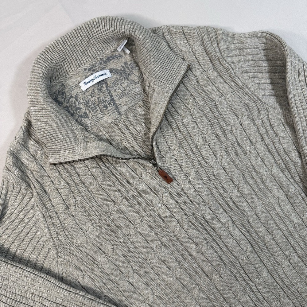 Tommy Bahama Cable Knit Quarter Zip Sweater XL Beige Cotton Blend Pullover